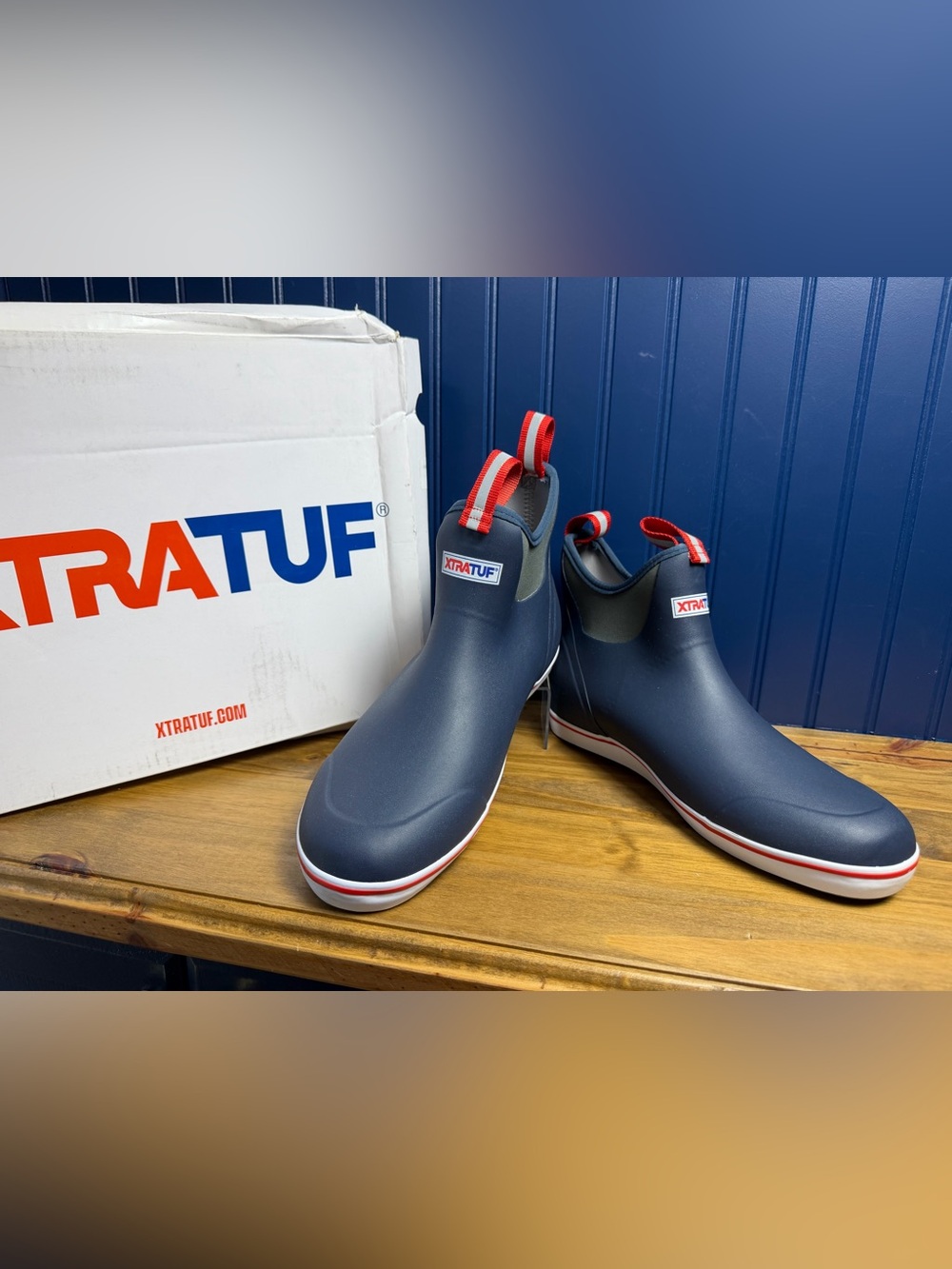 XTRATUF Men’s 12 Ankle Deck Boots Navy Red Waterproof Fishing Rain Boots